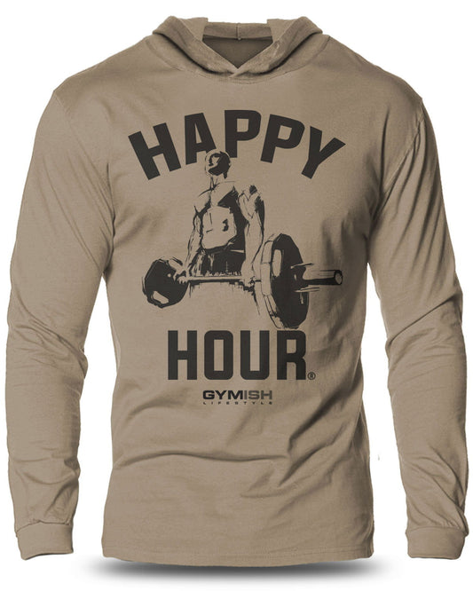 002-HAPPY HOUR Lightweight Long Sleeve Hooded T-shirt for Men - Gymish - - #Gym Shirts# - - #Workout T-Shirts#