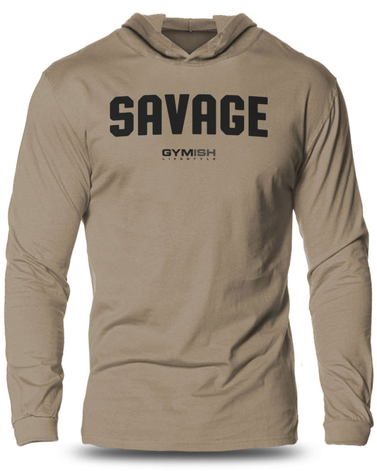003-Savage Lightweight Long Sleeve Hooded T-shirt for Men - Gymish - - #Gym Shirts# - - #Workout T-Shirts#
