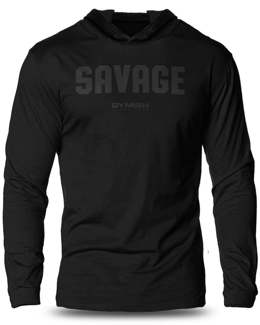 003-Savage Lightweight Long Sleeve Hooded T-shirt for Men - Gymish - - #Gym Shirts# - - #Workout T-Shirts#