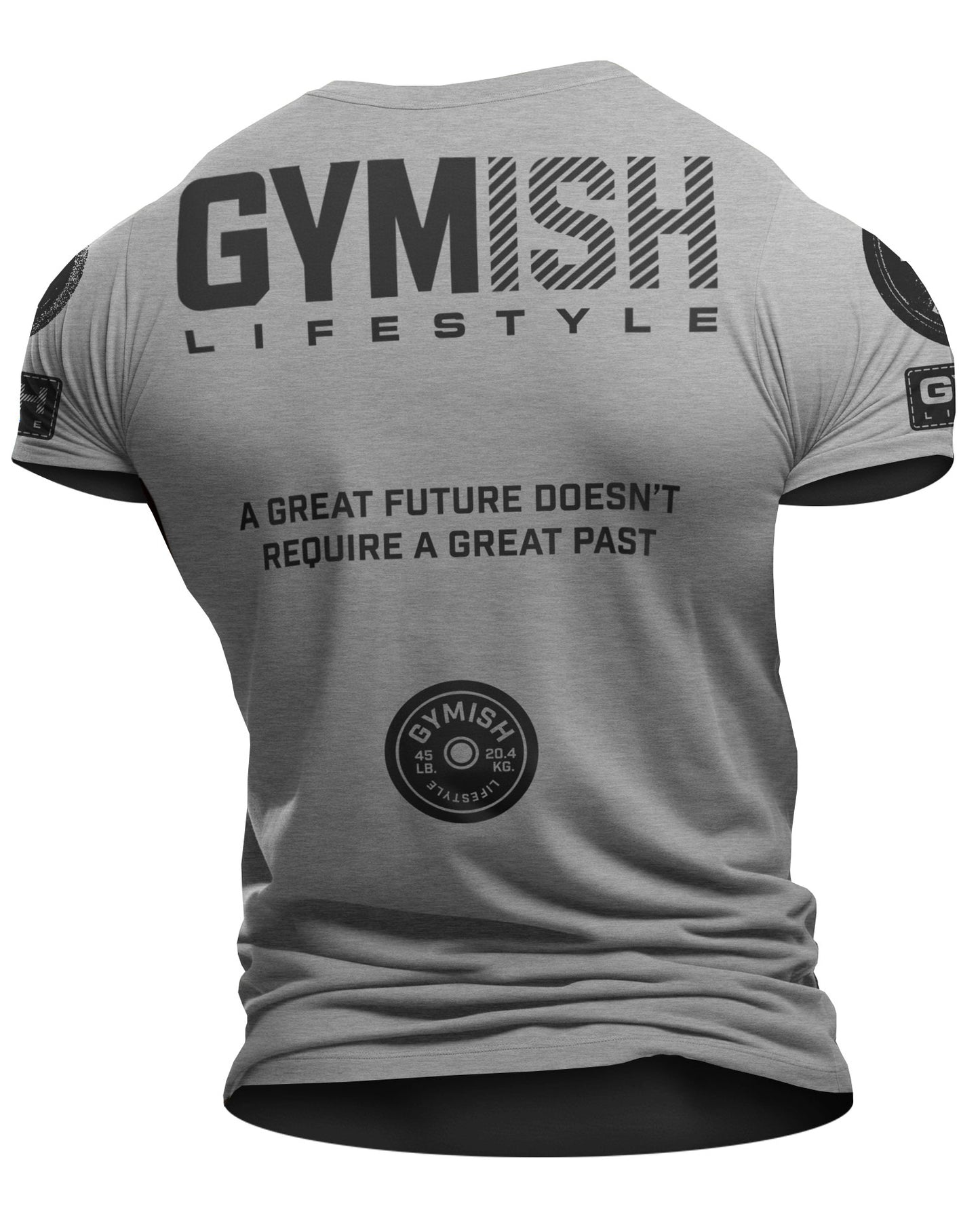125. GYMISH Great Future Back Design Funny Workout Gym T-Shirt for Men T-Shirt Heather Grey with Sleeve Logo T-Shirt GYMISH LIFESTYLE