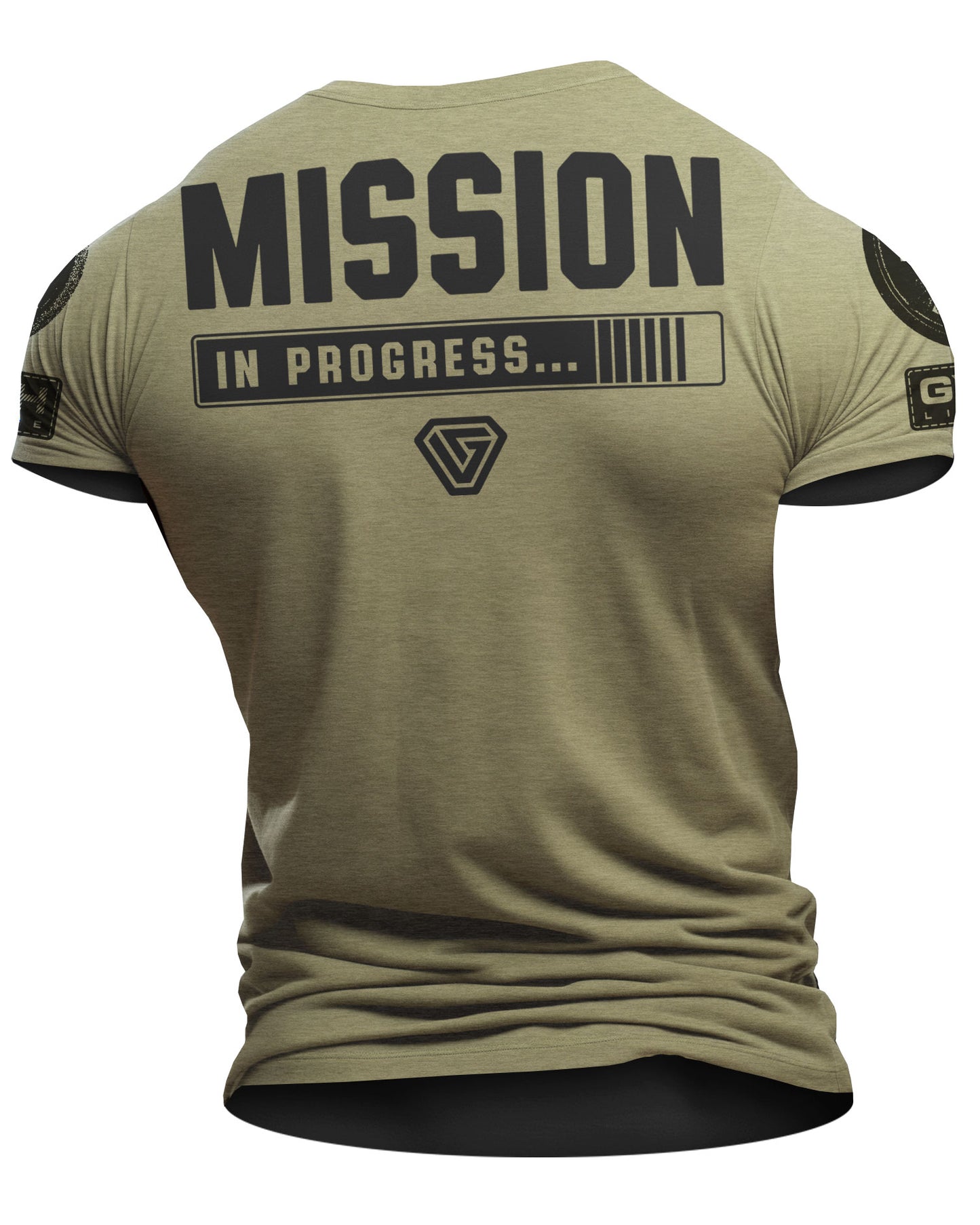 099. Mission In Progress Back Design Funny Workout Gym T-Shirt for Men T-Shirt Military Green with Sleeve Logo T-Shirt GYMISH LIFESTYLE