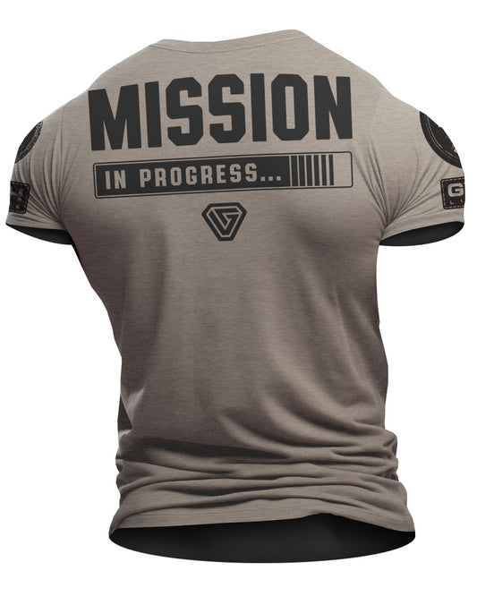 099. Mission In Progress Back Design Funny Workout Gym T-Shirt for Men T-Shirt Warm Grey with Sleeve Logo T-Shirt GYMISH LIFESTYLE