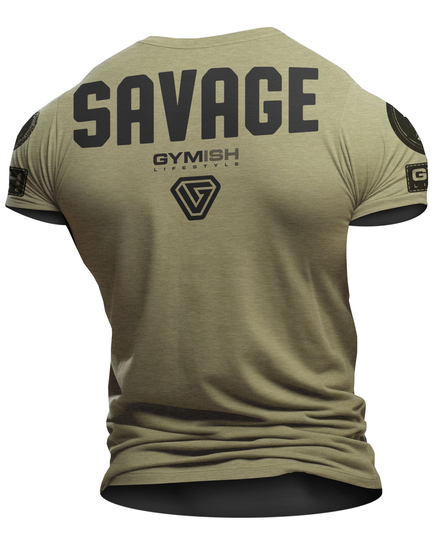 097. Savage Back Design Workout T-Shirt for Men T-Shirt Military Green with Sleeve Logo T-Shirt GYMISH LIFESTYLE