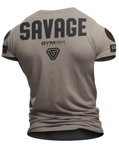 097. Savage Back Design Workout T-Shirt for Men T-Shirt Warm Grey with Sleeve Logo T-Shirt GYMISH LIFESTYLE