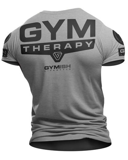 098. Gym Therapy Back Design Funny Workout Gym T-Shirt for Men T-Shirt Heather Grey with Sleeve Logo T-Shirt GYMISH LIFESTYLE