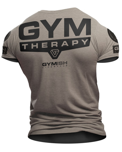 098. Gym Therapy Back Design Funny Workout Gym T-Shirt for Men T-Shirt Warm Grey with Sleeve Logo T-Shirt GYMISH LIFESTYLE