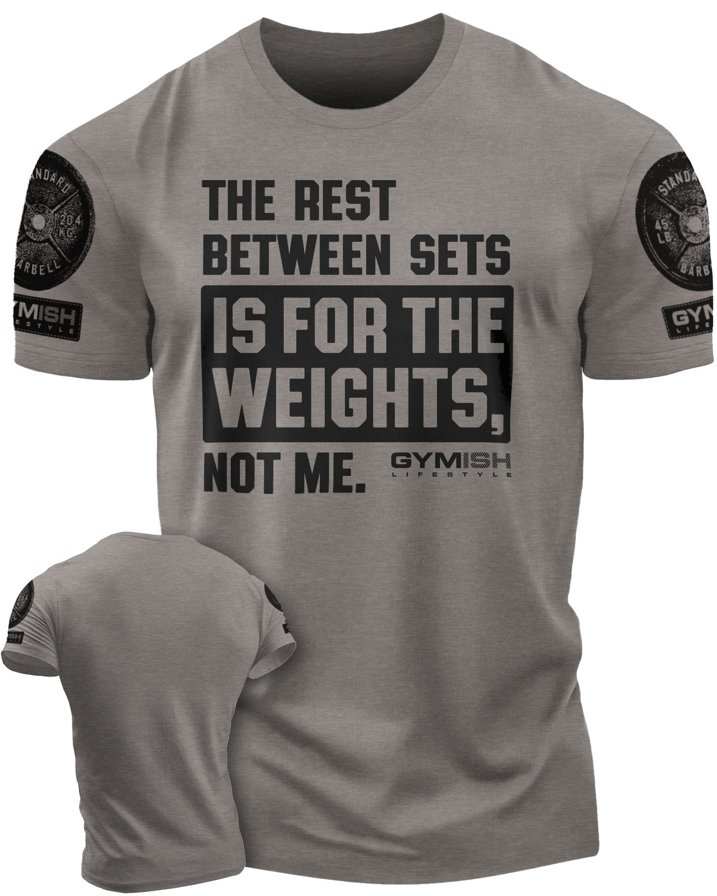 109. Rest Between Sets Funny Motivational Workout Gym T-Shirt for Men T-Shirt Warm Grey with Sleeve Logo T-Shirt GYMISH LIFESTYLE