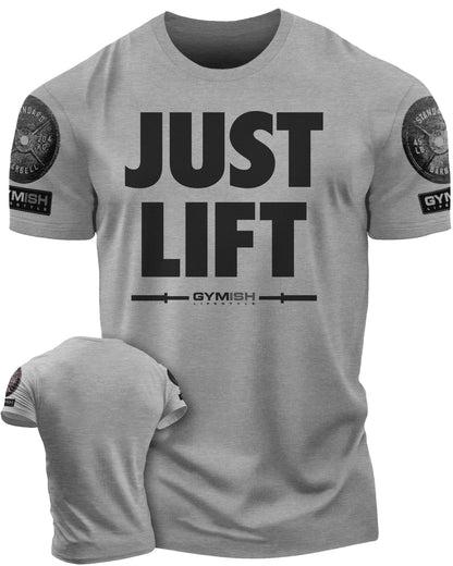 114. Just Lift Funny Motivational Workout Gym T-Shirt for Men T-Shirt Heather Grey with Sleeve Logo T-Shirt GYMISH LIFESTYLE