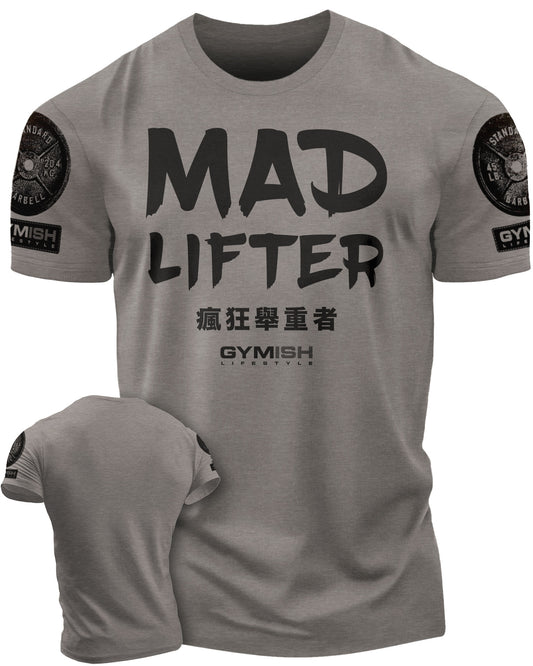 123. Mad Lifter Funny Motivational Workout Gym T-Shirt for Men T-Shirt Warm Grey with Sleeve Logo T-Shirt GYMISH LIFESTYLE