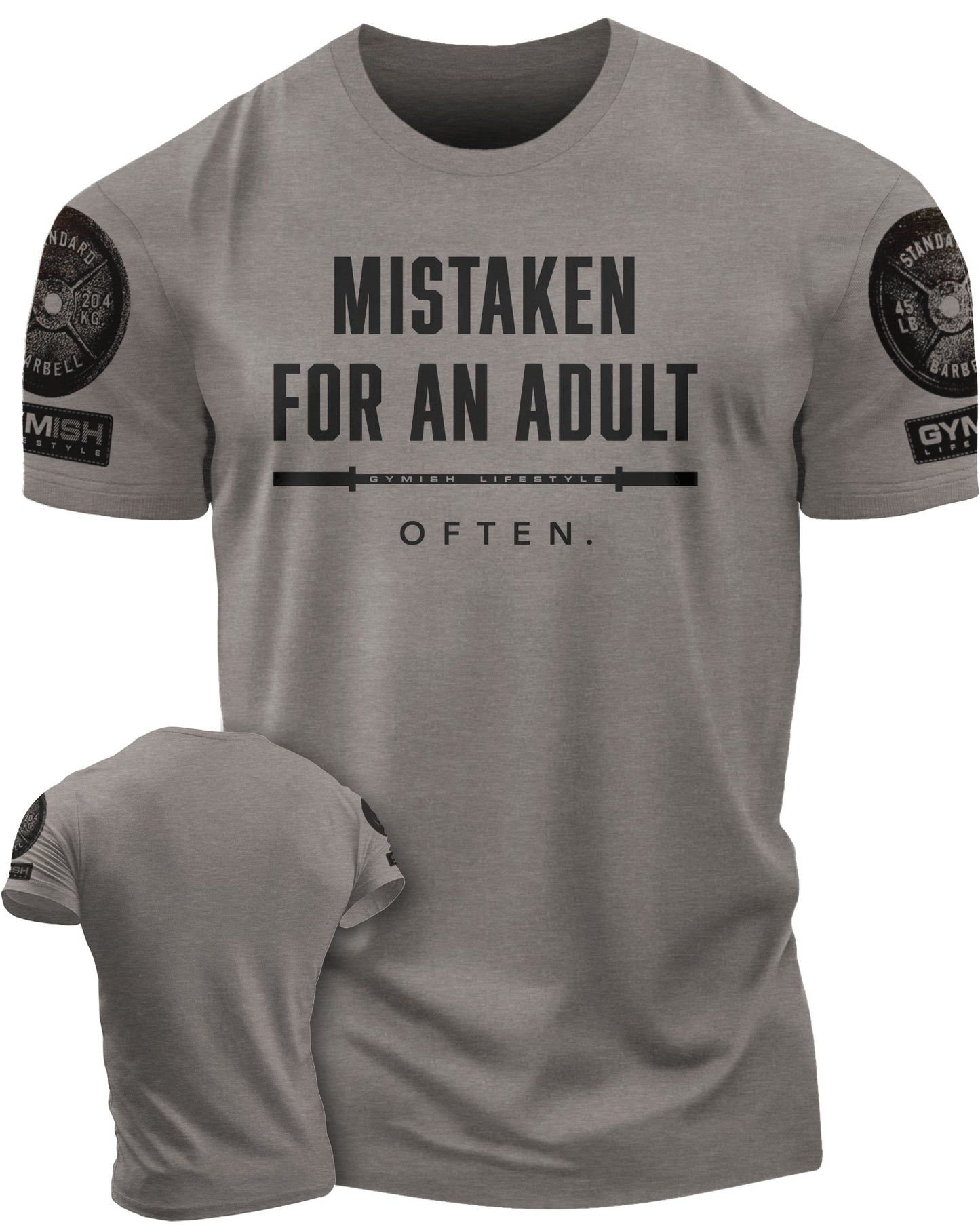 156. Mistaken Funny Motivational Workout Gym T-Shirt for Men T-Shirt Warm Grey with Sleeve Logo T-Shirt GYMISH LIFESTYLE