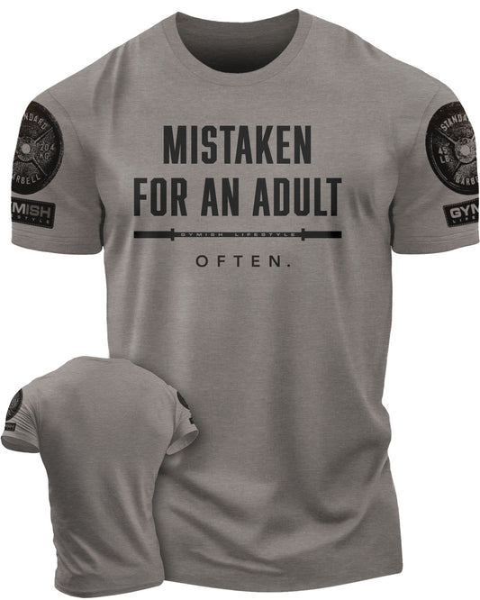 156. Mistaken Funny Motivational Workout Gym T-Shirt for Men T-Shirt Warm Grey with Sleeve Logo T-Shirt GYMISH LIFESTYLE