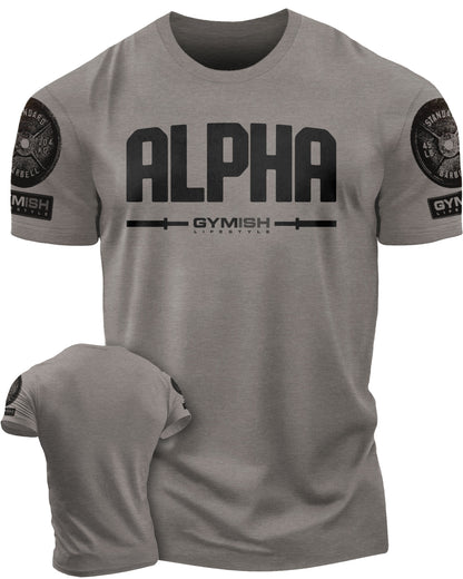 133. Alpha Funny Motivational Workout Gym T-Shirt for Men T-Shirt Warm Grey with Sleeve Logo T-Shirt GYMISH LIFESTYLE