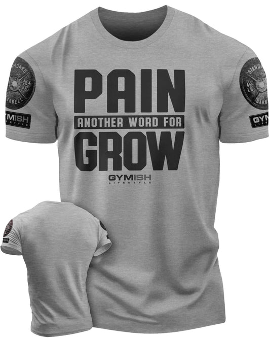 126. Pain for Grow Funny Motivational Workout Gym T-Shirt for Men T-Shirt Heather Grey with Sleeve Logo T-Shirt GYMISH LIFESTYLE