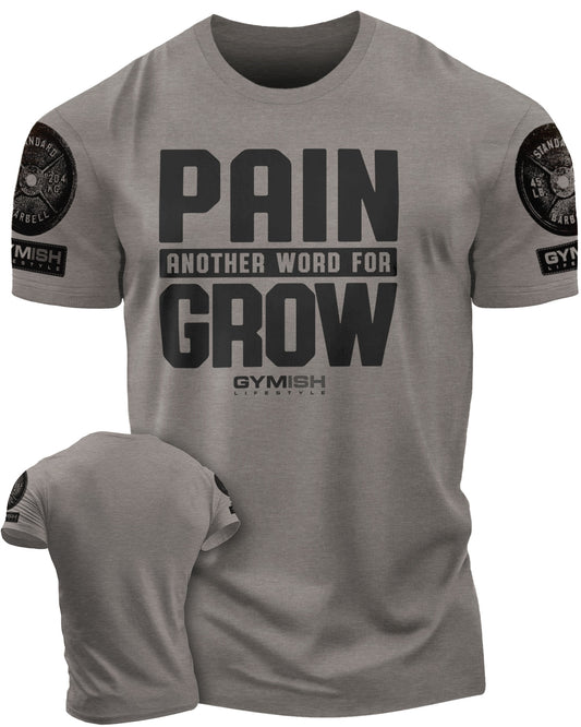 126. Pain for Grow Funny Motivational Workout Gym T-Shirt for Men T-Shirt Warm Grey with Sleeve Logo T-Shirt GYMISH LIFESTYLE