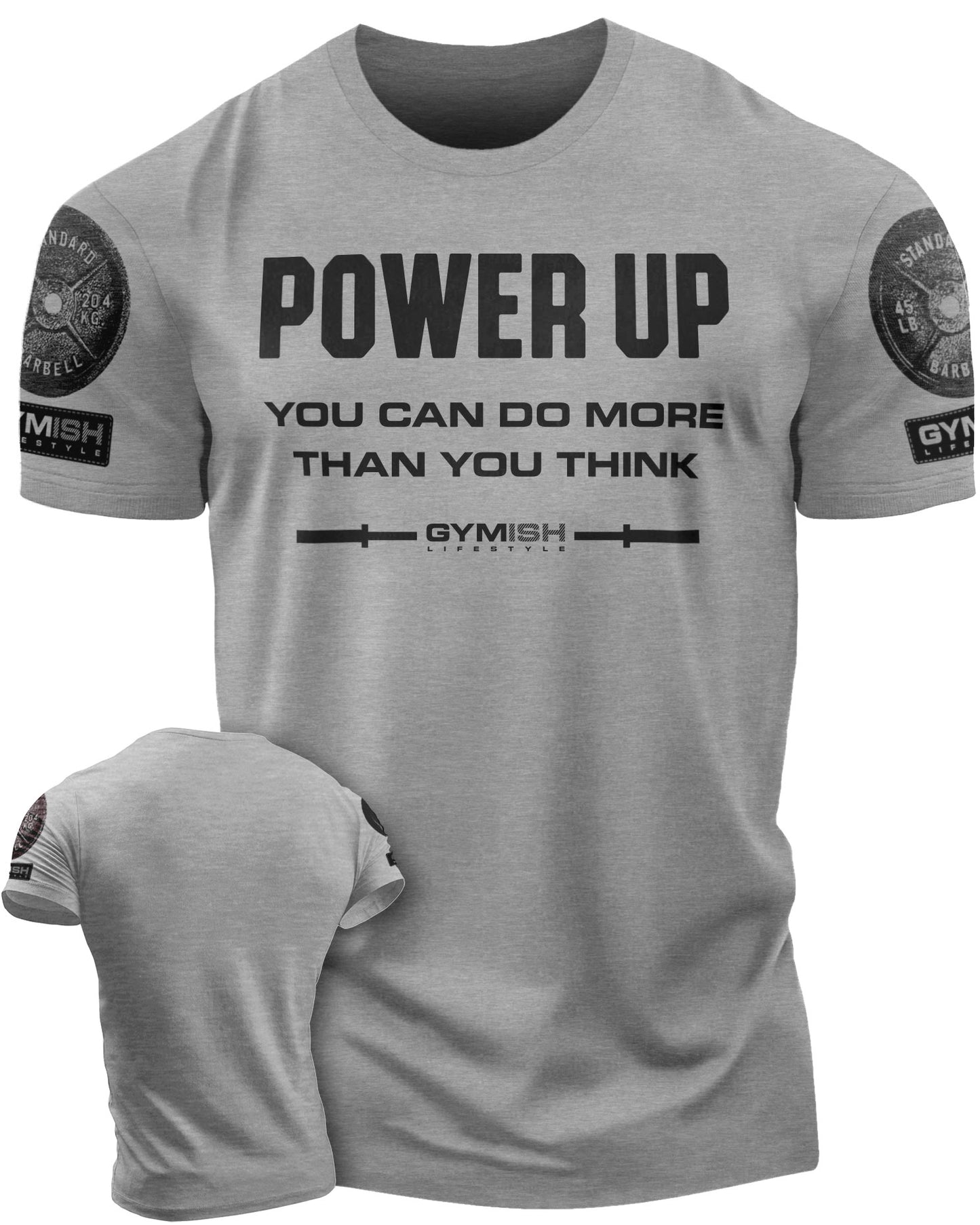 112. Power Up Funny Motivational Workout Gym T-Shirt for Men T-Shirt Heather Grey with Sleeve Logo T-Shirt GYMISH LIFESTYLE