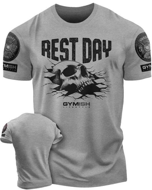 124. Rest Day Funny Motivational Workout Gym T-Shirt for Men T-Shirt Heather Grey with Sleeve Logo T-Shirt GYMISH LIFESTYLE
