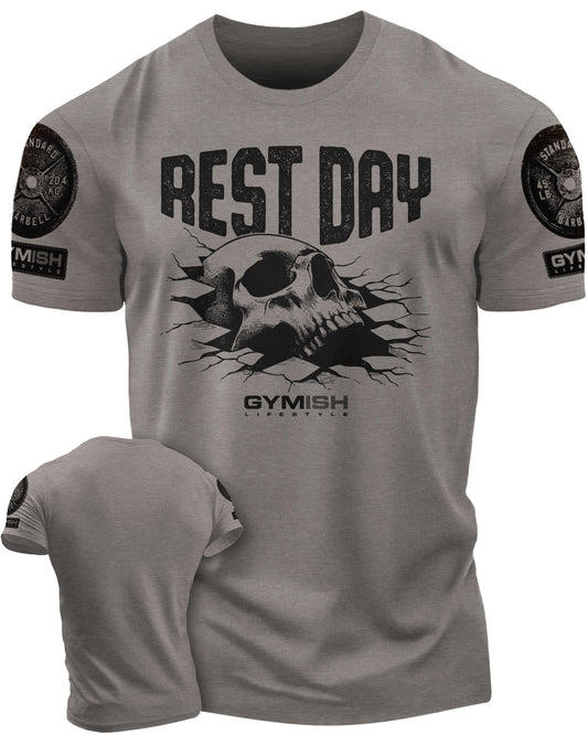 124. Rest Day Funny Motivational Workout Gym T-Shirt for Men T-Shirt Warm Grey with Sleeve Logo T-Shirt GYMISH LIFESTYLE