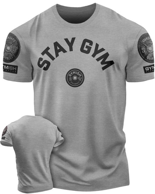 130. Stay Gym Funny Motivational Workout Gym T-Shirt for Men T-Shirt Heather Grey with Sleeve Logo T-Shirt GYMISH LIFESTYLE