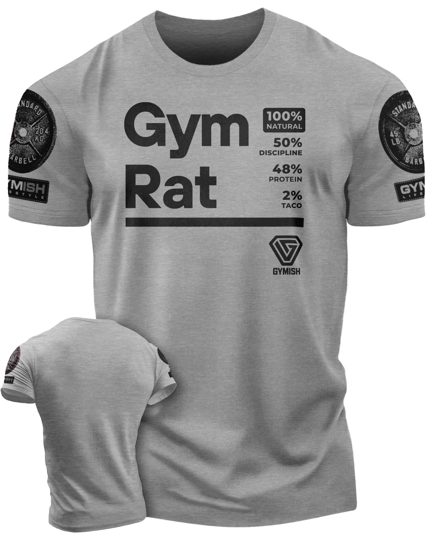 105. Gym Rat Funny Workout T-Shirt for Men T-Shirt Heather Grey with Sleeve Logo T-Shirt GYMISH LIFESTYLE