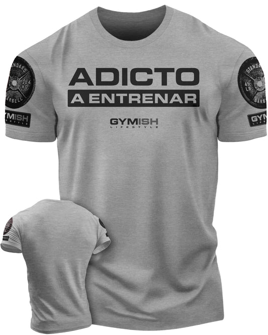 Adicto a entrenar Workout Gym T-Shirt Funny Gym Shirt for Men Camiseta de gimnasio de entrenamiento T-Shirt Heather Grey with Sleeve Design T-Shirt GYMISH LIFESTYLE