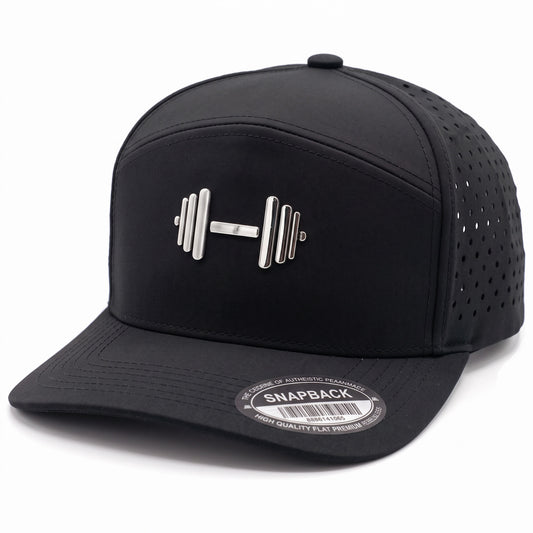GYMISH Dumbbell Gym Hat for Men, Weight Plate Patch Snapback, 6 Panel Laser Vented Workout Cap