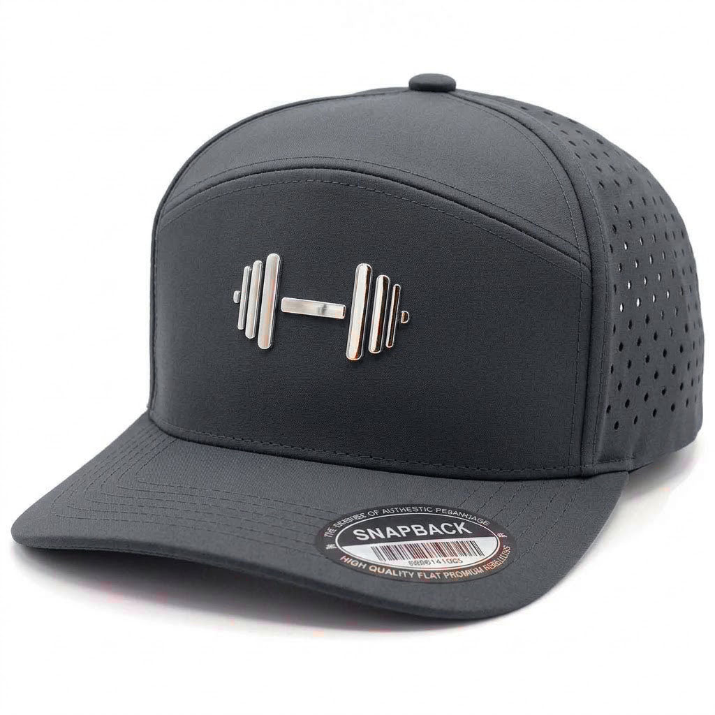GYMISH Dumbbell Gym Hat for Men, Weight Plate Patch Snapback, 6 Panel Laser Vented Workout Cap