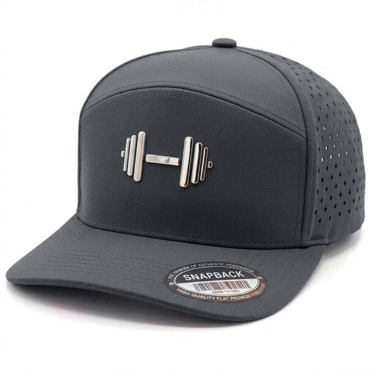 GYMISH Dumbbell Gym Hat for Men, Weight Plate Patch Snapback, 6 Panel Laser Vented Workout Cap