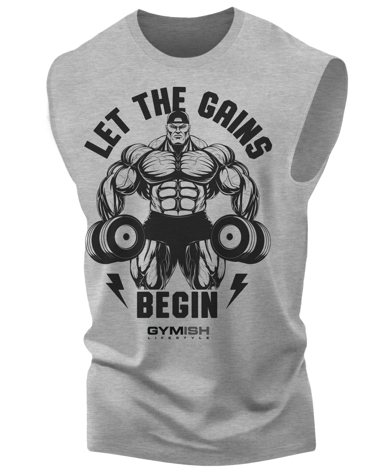 031. Let The Gains Begin Funny Workout Muscle Tank Top for Men Heather Grey T-Shirt GYMISH LIFESTYLE