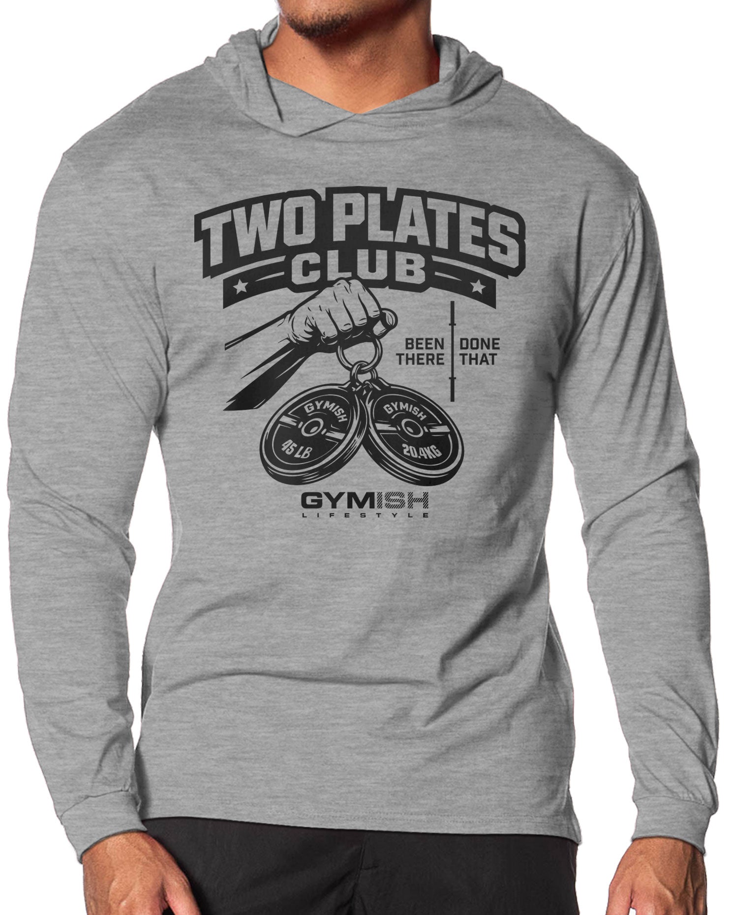 153. Two Plates Lightweight Long Sleeve Hooded T-shirt for Men Sport Grey Hoodie T-Shirt GYMISH LIFESTYLE