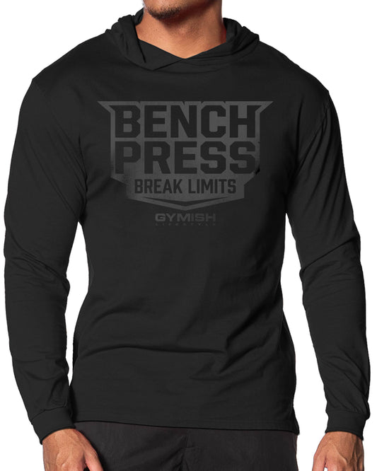 025. Bench Press Lightweight Long Sleeve Hooded T-shirt for Men Black Hoodie T-Shirt GYMISH LIFESTYLE