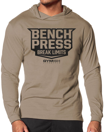 025. Bench Press Lightweight Long Sleeve Hooded T-shirt for Men Khaki Hoodie T-Shirt GYMISH LIFESTYLE