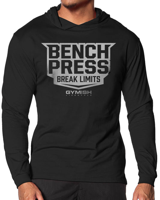 025. Bench Press Lightweight Long Sleeve Hooded T-shirt for Men Silver On Black Hoodie T-Shirt GYMISH LIFESTYLE