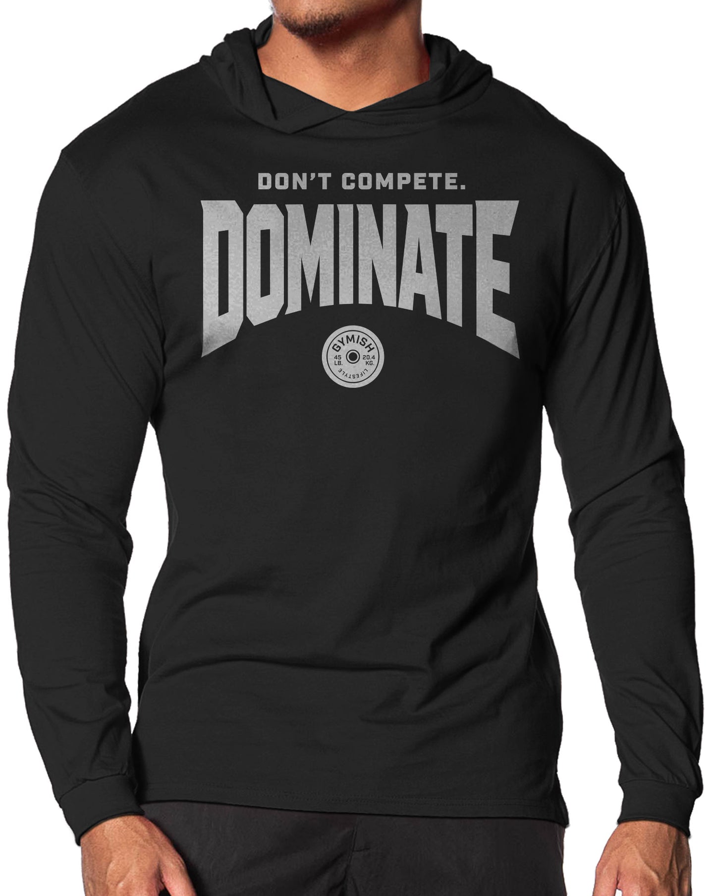 154. Dominate Lightweight Long Sleeve Hooded T-shirt for Men Silver On Black T-Shirt GYMISH LIFESTYLE