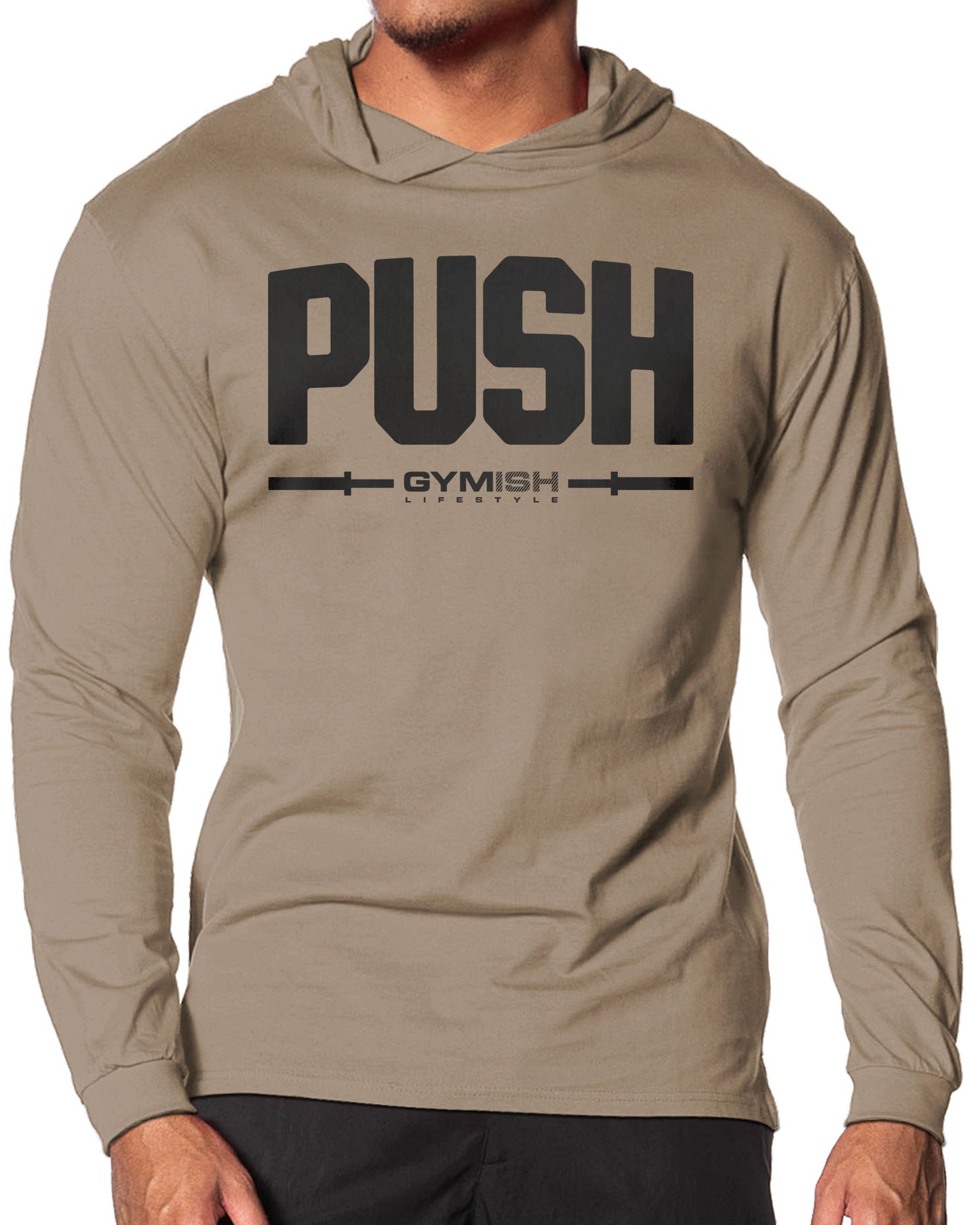 141. Push Lightweight Long Sleeve Hooded T-shirt for Men Khaki Hoodie T-Shirt GYMISH LIFESTYLE