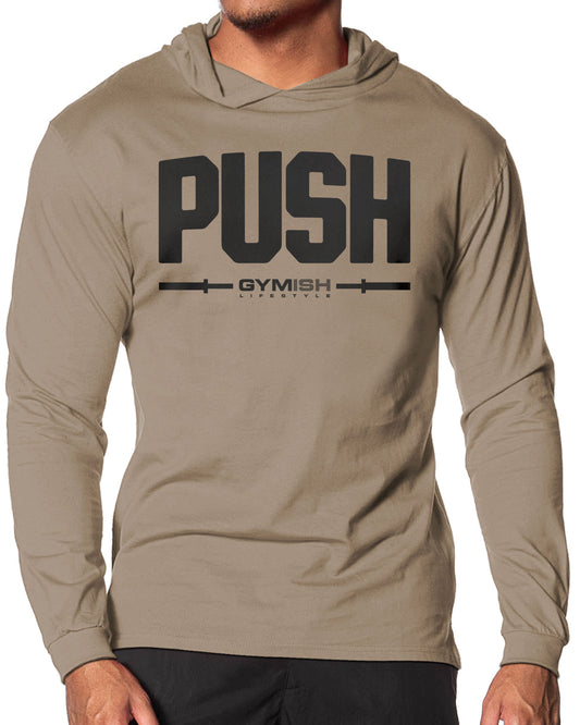 141. Push Lightweight Long Sleeve Hooded T-shirt for Men Khaki Hoodie T-Shirt GYMISH LIFESTYLE