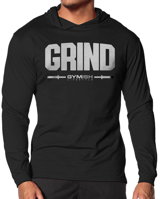 139. Grind Lightweight Long Sleeve Hooded T-shirt for Men Silver On Black Hoodie T-Shirt GYMISH LIFESTYLE