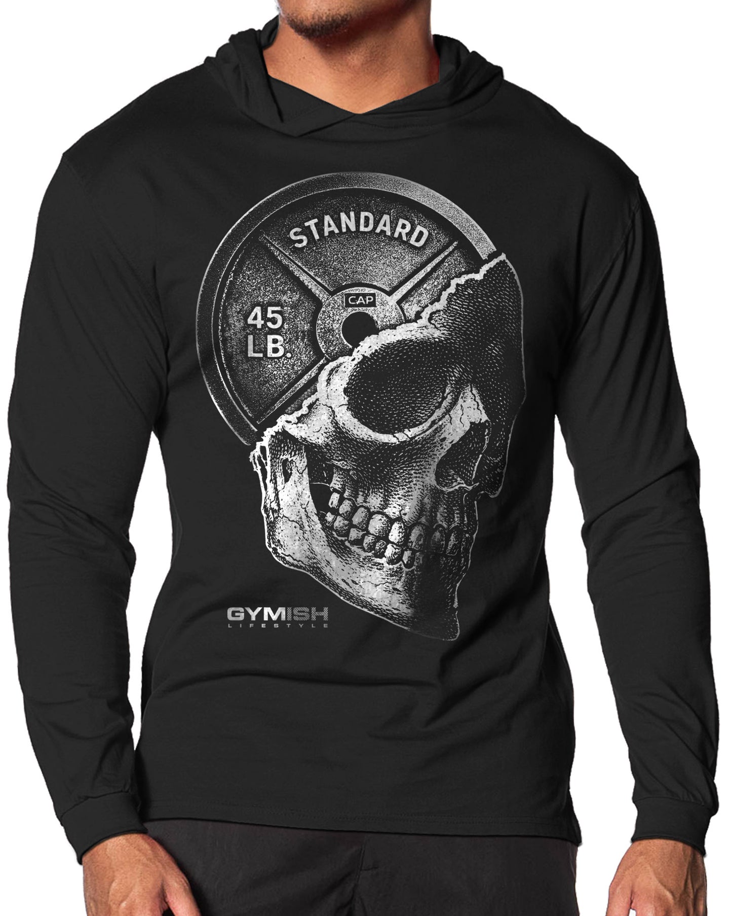 051. Skull Plate Lightweight Long Sleeve Hooded T-shirt for Men Silver On Black Hoodie T-Shirt GYMISH LIFESTYLE