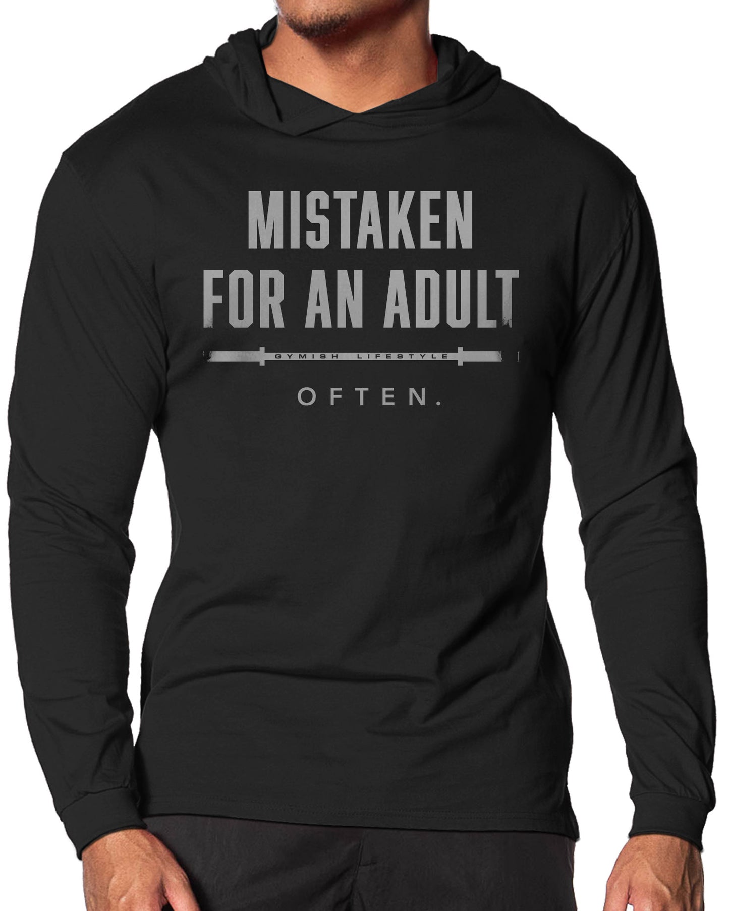 156. Mistaken Lightweight Long Sleeve Hooded T-shirt for Men Silver On Black Hoodie T-Shirt GYMISH LIFESTYLE