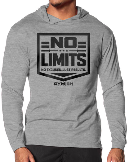 155. No Limits Lightweight Long Sleeve Hooded T-shirt for Men Sport Grey Hoodie T-Shirt GYMISH LIFESTYLE