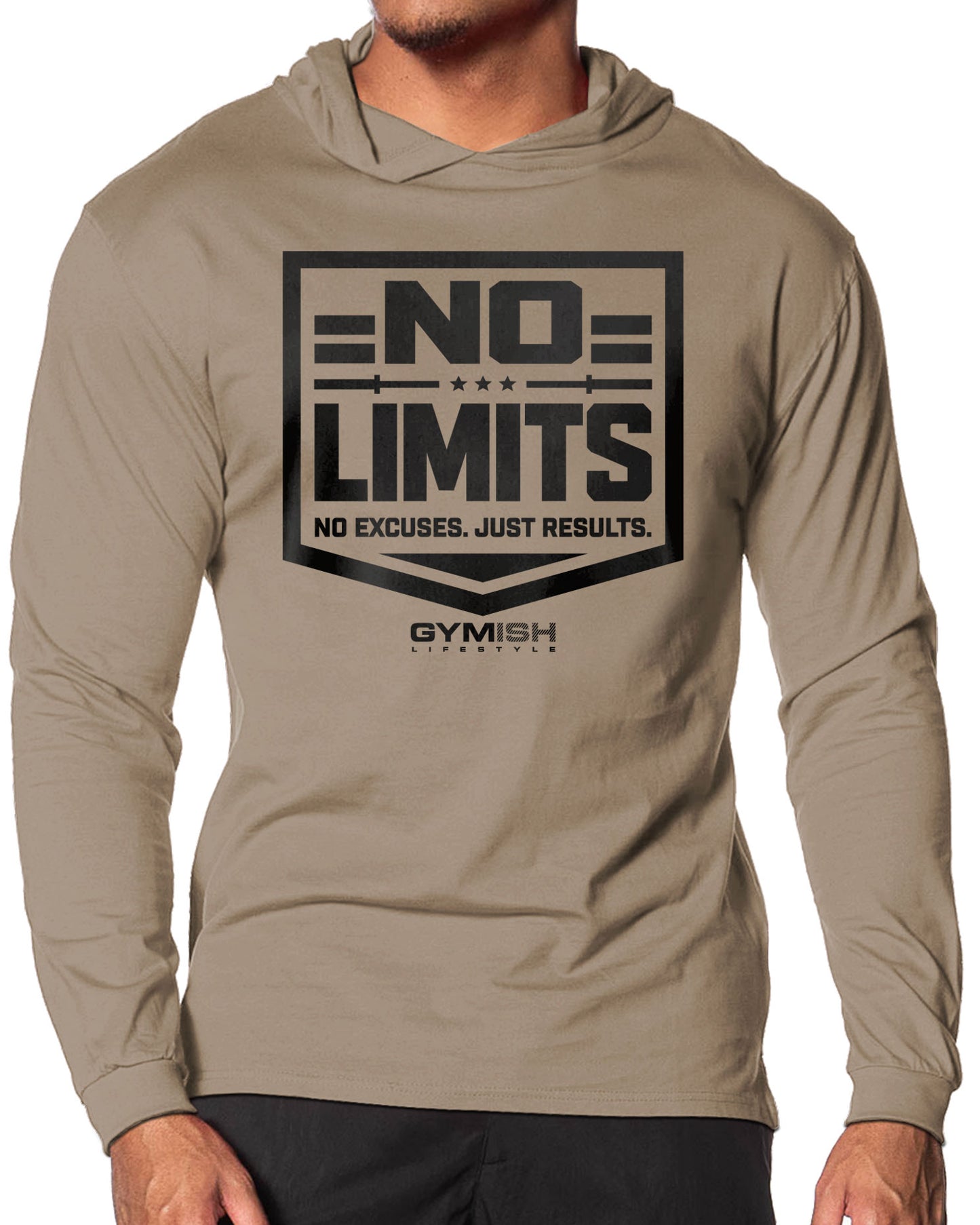 155. No Limits Lightweight Long Sleeve Hooded T-shirt for Men Khaki Hoodie T-Shirt GYMISH LIFESTYLE