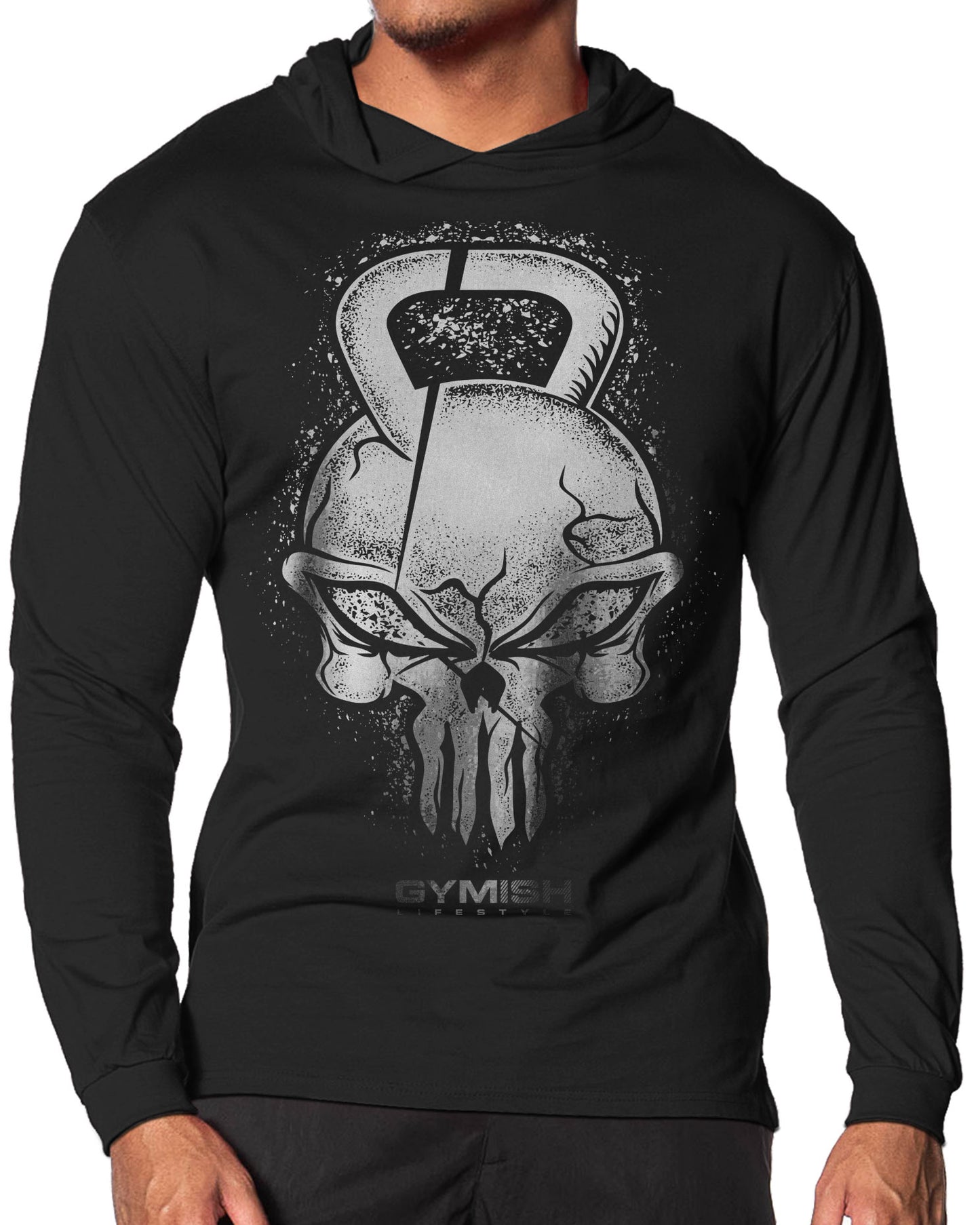 028. Gym Reaper Lightweight Long Sleeve Hooded T-shirt for Men Silver On Black Hoodie T-Shirt GYMISH LIFESTYLE