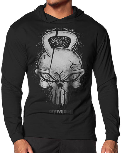 028. Gym Reaper Lightweight Long Sleeve Hooded T-shirt for Men Silver On Black Hoodie T-Shirt GYMISH LIFESTYLE