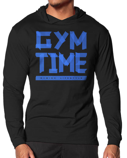 148. Gym Time Lightweight Long Sleeve Hooded T-shirt for Men Blue On Black Hoodie T-Shirt GYMISH LIFESTYLE