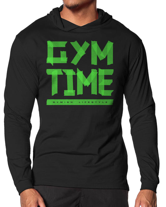 148. Gym Time Lightweight Long Sleeve Hooded T-shirt for Men Green On Black Hoodie T-Shirt GYMISH LIFESTYLE