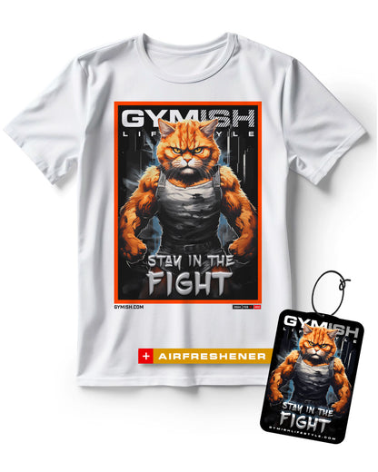 Cat Stay in The Fight Funny Workout Gym T-Shirts for Men with Air Freshner Gift Set