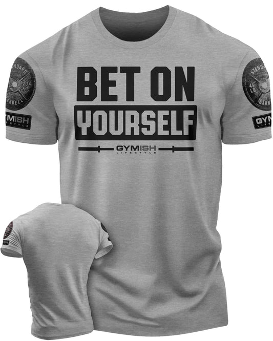 117. Bet On Yourself Funny Motivational Workout Gym T-Shirt for Men T-Shirt Heather Grey with Sleeve Logo T-Shirt GYMISH LIFESTYLE