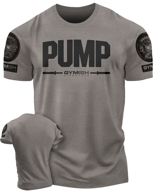 132. Pump Funny Motivational Workout Gym T-Shirt for Men T-Shirt Warm Grey with Sleeve Logo T-Shirt GYMISH LIFESTYLE