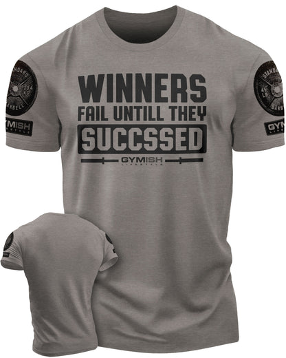 116. Winners Fail Funny Motivational Workout Gym T-Shirt for Men T-Shirt Warm Grey with Sleeve Logo T-Shirt GYMISH LIFESTYLE