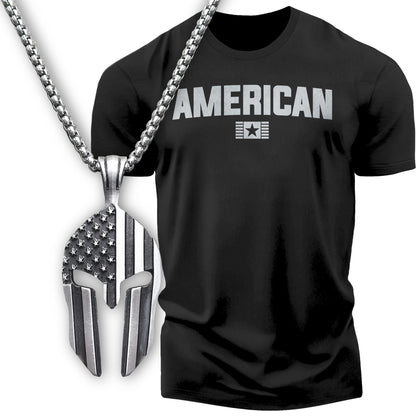 Gift Set for Men American Funny Workout Gym T-Shirt with Spartan Warrior Pendant T-Shirt Silver On Black T-Shirt GYMISH LIFESTYLE