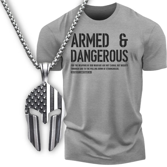 Gift Set for Men Armed and Dangerous Funny Workout Gym T-Shirt with Spartan Warrior Pendant